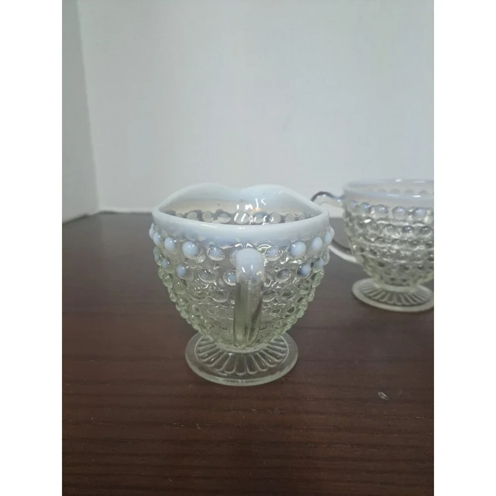 1940s Anchor Hocking Opalescent Hobnail Open Sugar Bowl And Creamer